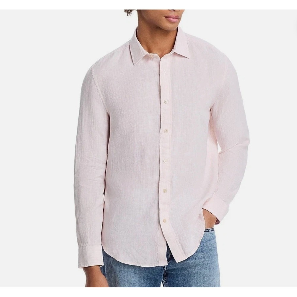 Bloomingdale's Mens Button Up Shirt L 100% Linen Pale Peach Striped Beach Cruise